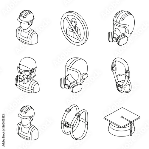 Isometric icons depict safety equipment: construction worker, gas masks, respirator, harness, and graduation cap