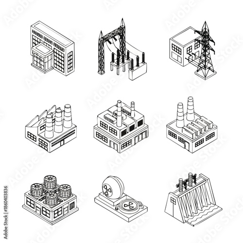 Isometric icons of industrial buildings, power plants and infrastructure for energy production and industry.