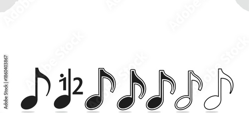 Diverse Set of Black Music Notes Symbols and Icons on White Background, Musical Symbols Collection