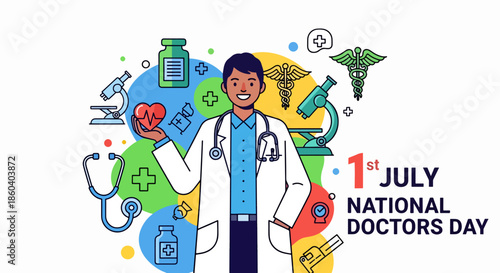 Doctor Holding Heart Surrounded by Medical Symbols and Equipment Celebrating National Doctors Day July 1st