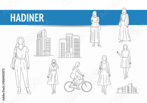 Diverse group of women in various poses and settings, including city buildings and bicycle, line art style