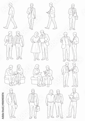 Diverse group of professionals in business attire engaging in various activities including walking, discussing, and using digital devices