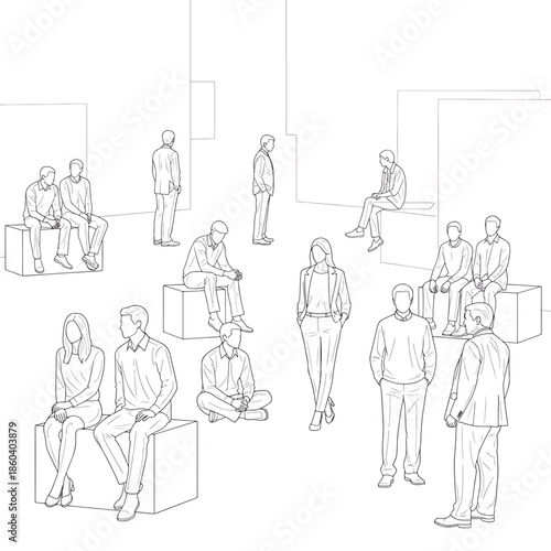 Diverse group of people in a modern architectural setting, some sitting and standing, depicted in a clean line art style