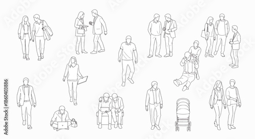 Diverse group of people in various poses, walking, sitting, and interacting, depicted in a clean line art style, representing everyday life and social scenes.