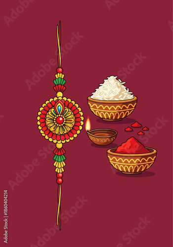 Decorative Rakhi for Raksha Bandhan festival, Thali with Rice, Kumkum, and Diya, Indian cultural celebration elements