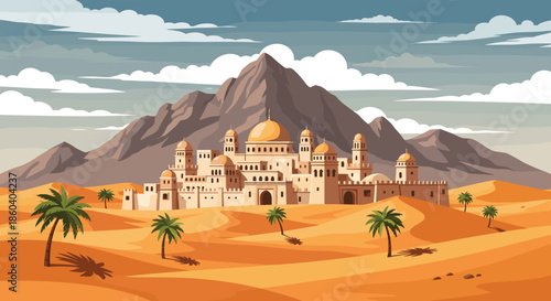 Ancient desert city with sand dunes and palm trees is nestled at the foot of a large mountain under a cloudy blue sky.