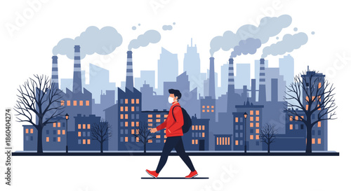 Man wearing a protective face mask is walking through a highly polluted city with many factories emitting thick dark smoke.