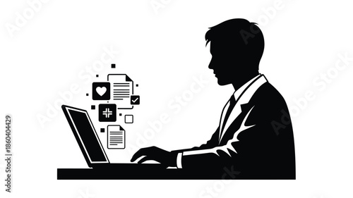 A businessman working on a laptop with digital icons a striking silhouette
