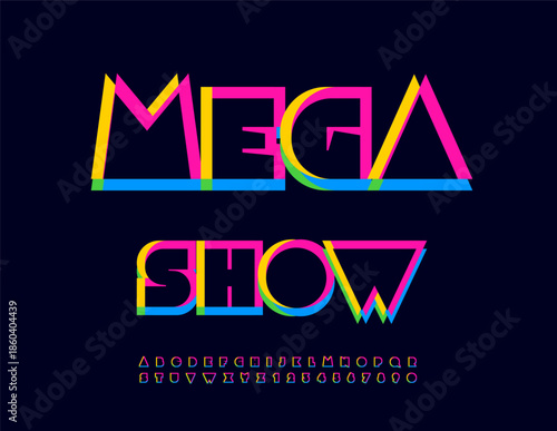 Vector event logo Mega Show. Trendy Colorful Font for Fashion, Logo Design and Digital Branding. Bright Big Geometric Uppercase Alphabet Letters and Numbers set