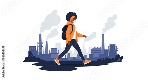 Young woman with a backpack and face mask is walking past a blue industrial cityscape with many smoking factory chimneys.