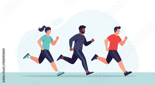 Group of diverse people are running together in a marathon or training session to promote a healthy and active lifestyle.