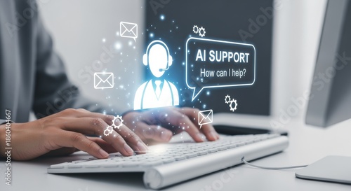 AI technology business support concept, virtual assistant chatbot interface over keyboard, smart customer service, automated online support, digital communication, and intelligent help desk solutions.