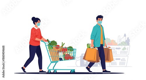 Man and woman wearing protective face masks are shopping for groceries with a full cart and bags in a safe manner.