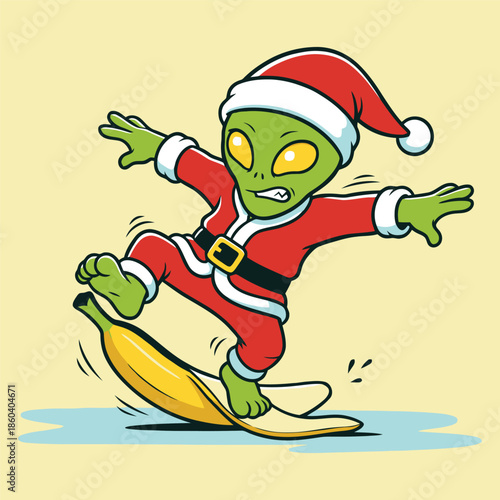 Santa Alien Slipping on Banana Peel Funny Cartoon Vector