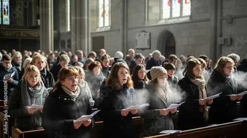 People inside a church singing and holding papers during a service.