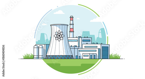 Nuclear energy power plant with cooling towers and industrial buildings is shown inside a circular frame with green grass.
