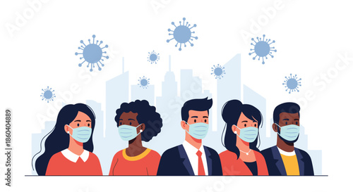 Diverse group of people wearing face masks is standing together in a city while virus particles float around them in the air.
