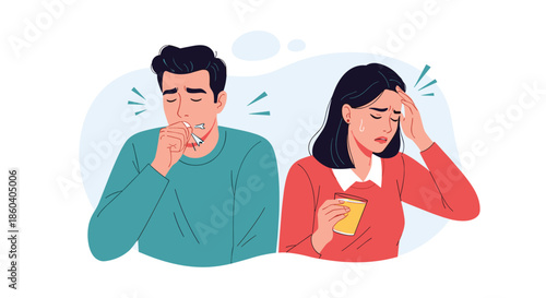 Man coughing into a tissue and woman with a headache represent common cold or flu symptoms in a helpful medical illustration.