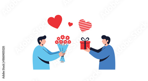 Two men are exchanging a bouquet of flowers and a red gift box while heart icons float above them in a celebratory scene.