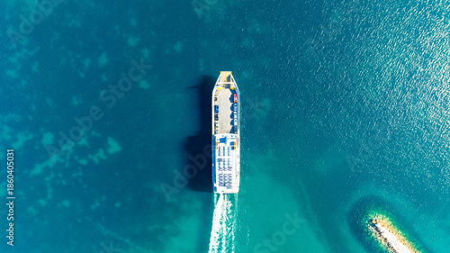 View of passenger and car ferry from a drone while at sea