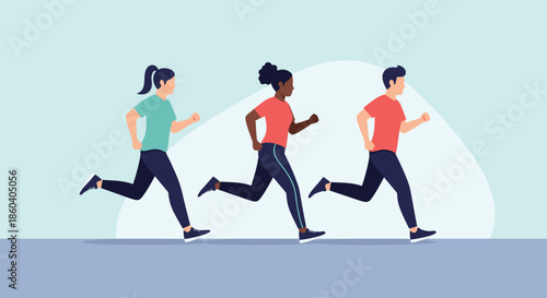 Three diverse joggers are running in the same direction outdoors to stay healthy and active in this modern vector illustration.