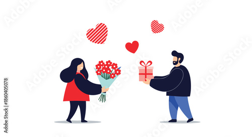 Couple sharing a romantic moment as they exchange a bouquet of red flowers and a gift box under floating heart shapes.