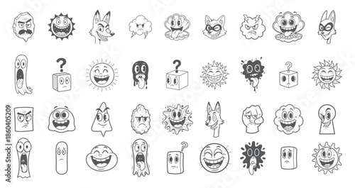 Black and White Outline Drawing of Diverse Character Heads for Logo Design