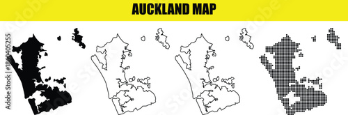 Auckland new zealand map set different styles silhouettes borders dotted design geographical contour illustration isolated background