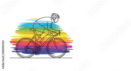 Dynamic continuous line drawing of a fast cyclist on a racing bicycle with a vibrant rainbow colored motion streak behind.