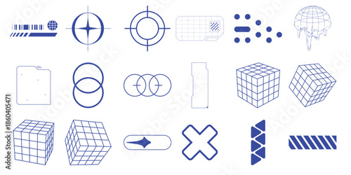 Blue wireframe geometric shapes and technical symbols collection white