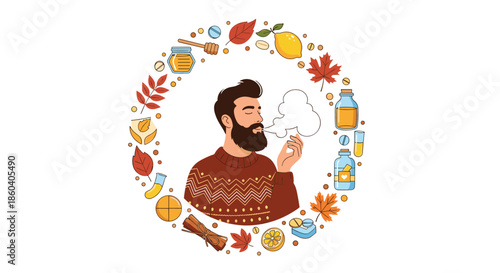 Bearded man in a patterned sweater breathing out cold steam surrounded by autumn leaves honey tea and health related icons.