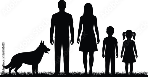 Full body silhouette of a happy family with father mother son daughter and pet dog standing on grass outdoors together