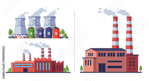 Various types of industrial factories with cooling towers and smoking chimneys depicting different architectural structures.
