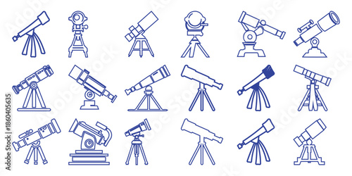 Collection of blue line telescopes white astronomy science