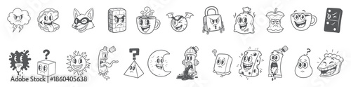 Comic Book Style Faces and Expressions, Including Fox, Sheep, Bomb, and Cloud