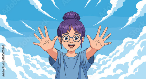 Joyful anime girl with purple hair and glasses reaching out towards the camera against a bright blue sky with white clouds.