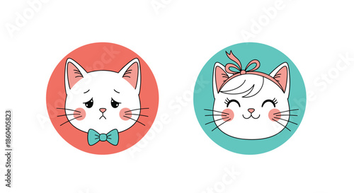 Adorable cat avatars featuring a sad male cat with a blue bowtie and a happy female cat with a pink ribbon and lashes.