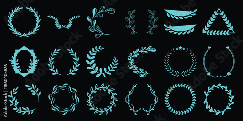 Collection of turquoise botanical laurel wreaths and leafy branches black