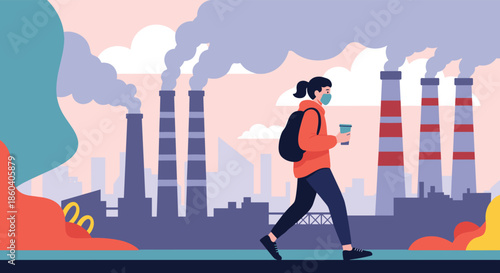 Young woman wearing a face mask and carrying a backpack and coffee cup while walking past a polluted industrial factory.