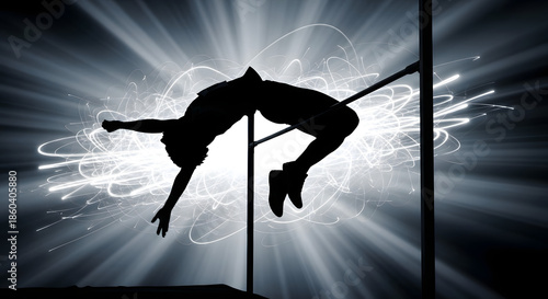 Athletic silhouette of a person jumping over a high bar with dynamic light streaks