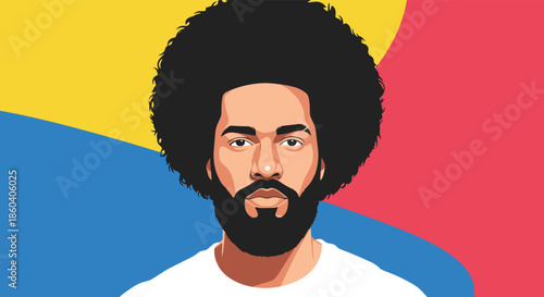 Bold portrait of a black man with a large afro hairstyle and a thick beard set against a colorful abstract background.