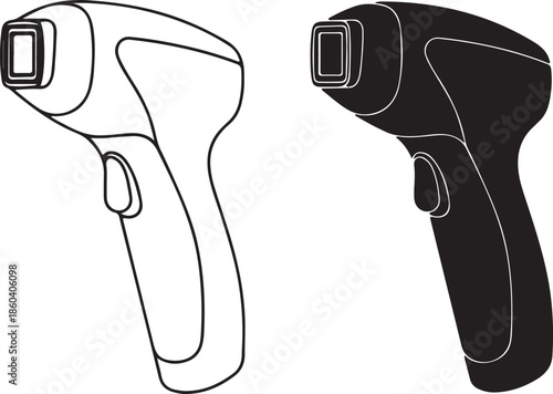 Non contact infrared thermometer gun shown in line art and solid black icon versions side by side