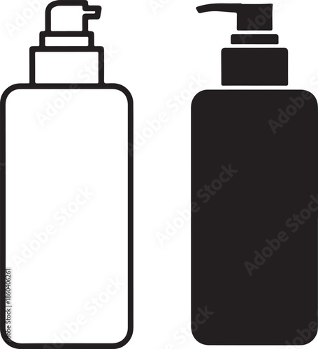 Two pump dispenser bottles one outline and one solid black, essential for beauty and skincare products, isolated clean design