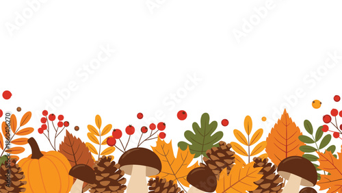 Autumnal border at the bottom of the frame with colorful fall leaves, mushrooms, a pumpkin, pinecones, and red berries on a white background.