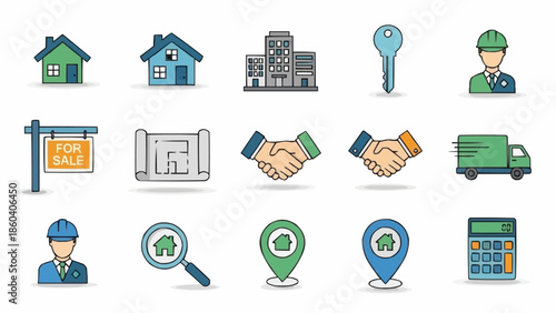 Real Estate Icon Set - House, Key, Handshake, and More.