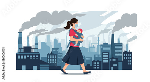 Mother wearing a face mask while carrying her baby in a sling and walking past a row of polluted industrial factories.