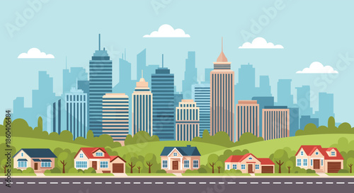 Peaceful suburban neighborhood with modern houses and green lawns set against a large city skyline with skyscrapers.