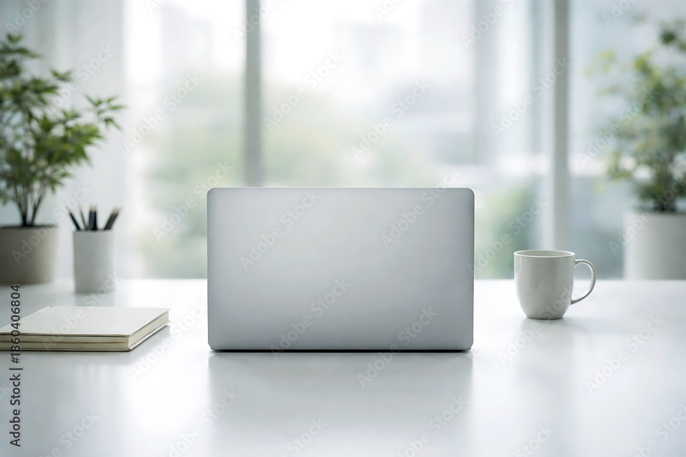 Fototapeta premium Minimal modern workspace with laptop coffee cup and natural light