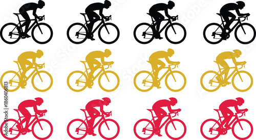 Set of professional road cyclist silhouettes in racing aero tuck positions for sports competition fitness endurance and active lifestyle vector