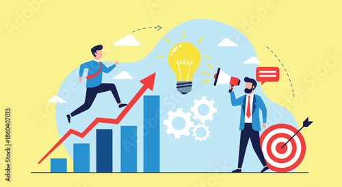 Business growth concept showing a professional running up a bar chart towards a giant lightbulb and a bullhorn.